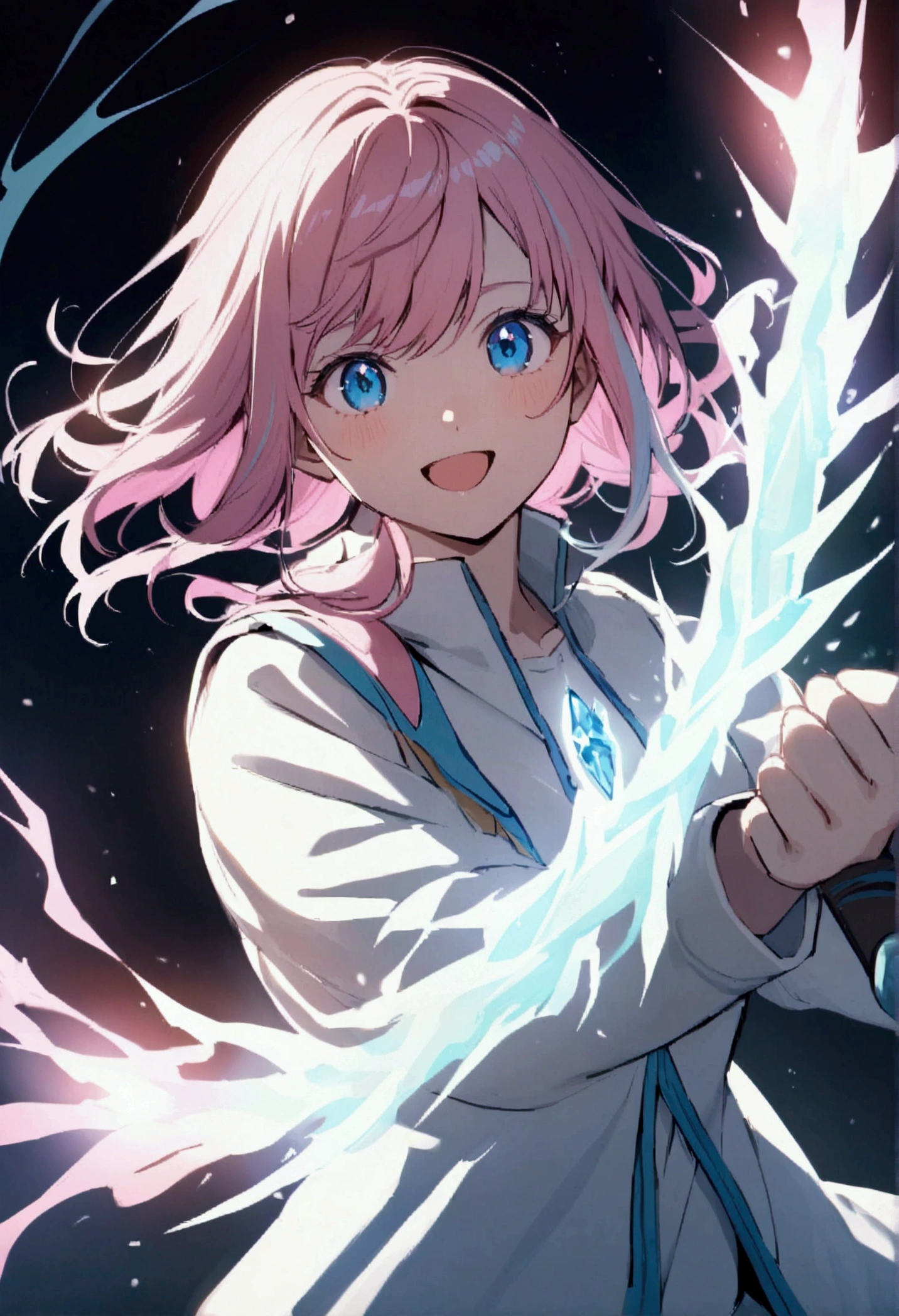 Teenage girl, tidy hair, medium length hair, multicolored pink hair, excited smile, blue eyes, white  shirt, school blue jacket, blue tattoos on the body, holding an ice recurve bow, aura of ice