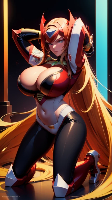 A beautiful woman, ((both hands behind head)) , ((on her knees)), 1 girl, (( mecha)), sexy body figure, long legs, large breasts, (cleavage), busty, beautiful face, Vanessa Kirby, milf, age 28, royal, long blonde color hair, pony tail, helmet, fine armor, futuristic red armor, sci fi, intricate red armor details, red and black color armor, night time, dark city, neon lights, a woman, in a (sexy pose, seductive, flirty) , designed by Gucci::3, tumblr, (inspired by Yanjun Cheng style), digital art, meme lofi internet girl, trend in dezeen, catalog photo, 3 d render beeple, rhads and lois van baarle, cartoon style illustration, (bright pastel colors), a beautiful art illustration, anime girl --ar 2:3 --q 2