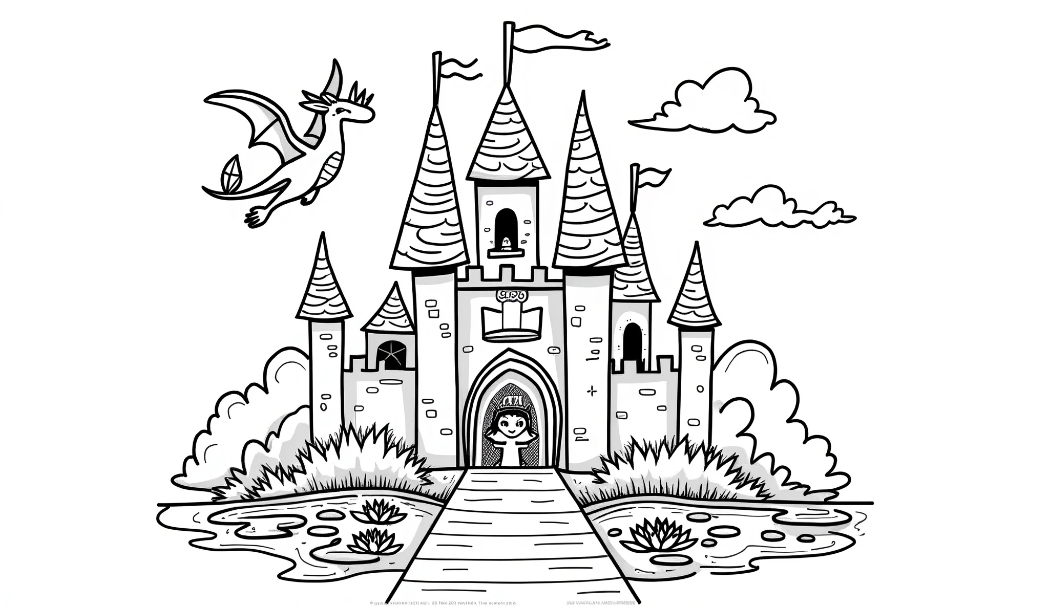 A delightful, child-friendly illustration with thick black lines on a white background. The main focus is a magical fairy tale castle, featuring tall towers with flags, a drawbridge, and a moat filled with water lilies. A friendly dragon is flying gracefully in the sky, and a smiling princess is waving from one of the windows. The simplicity of the lines and lack of shading and texture makes it an ideal coloring page for kids to bring their creativity to life, illustration