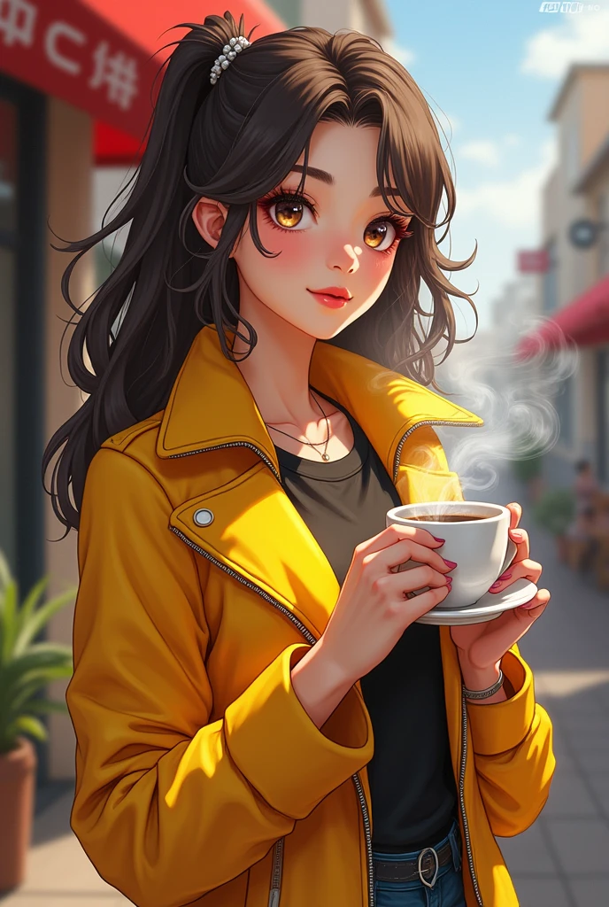 a woman in a yellow jacket holding a cup of coffee, extremely detailed artgerm, anime drinks energy drink, Senna do League of Legends, lovely Brigitte de Overwatch, Brigitte de Overwatch, ruan jia and artgerm, trending artgerm, Faye Valentim, like artgerm, range murata and artgerm, role model | artgerm