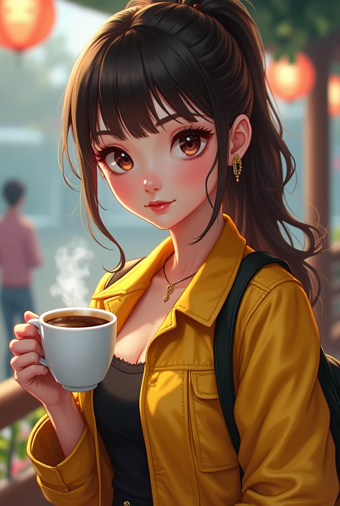 a woman in a yellow jacket holding a cup of coffee, extremely detailed artgerm, anime drinks energy drink, Senna do League of Legends, lovely Brigitte de Overwatch, Brigitte de Overwatch, ruan jia and artgerm, trending artgerm, Faye Valentim, like artgerm, range murata and artgerm, role model | artgerm