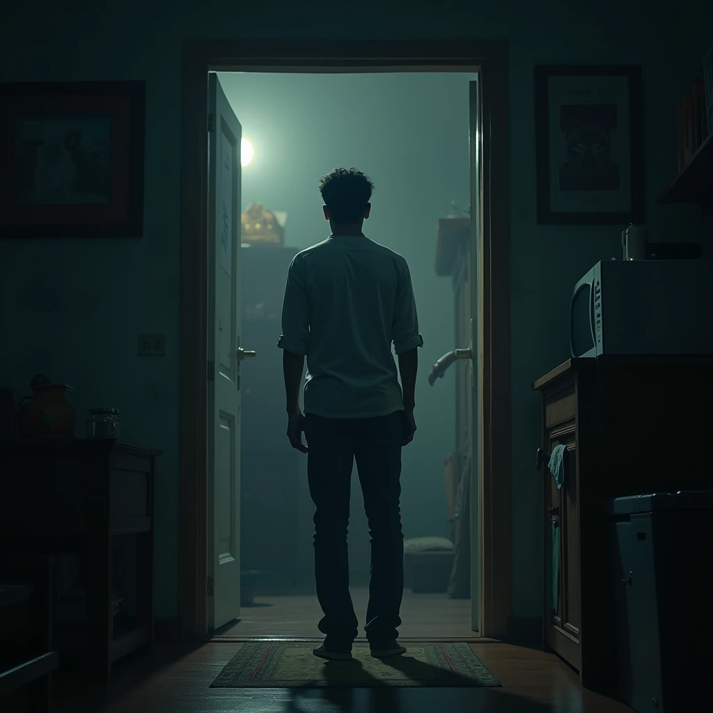 Vijay alone in his home, looking increasingly worried as strange , unexplained things start happening around him, symbolising the beginning of his cursed journey 