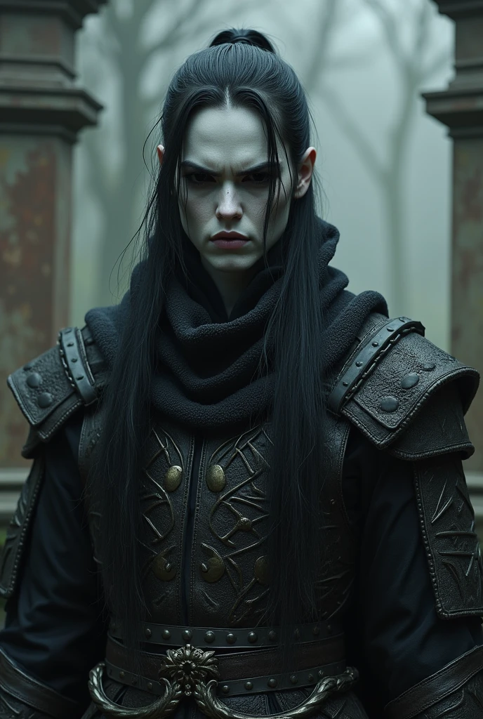 An androgynous male warrior, long dark hair tied with pale skin, expressionless face, and eyes (iris and sclera) black, wearing chainmail armor