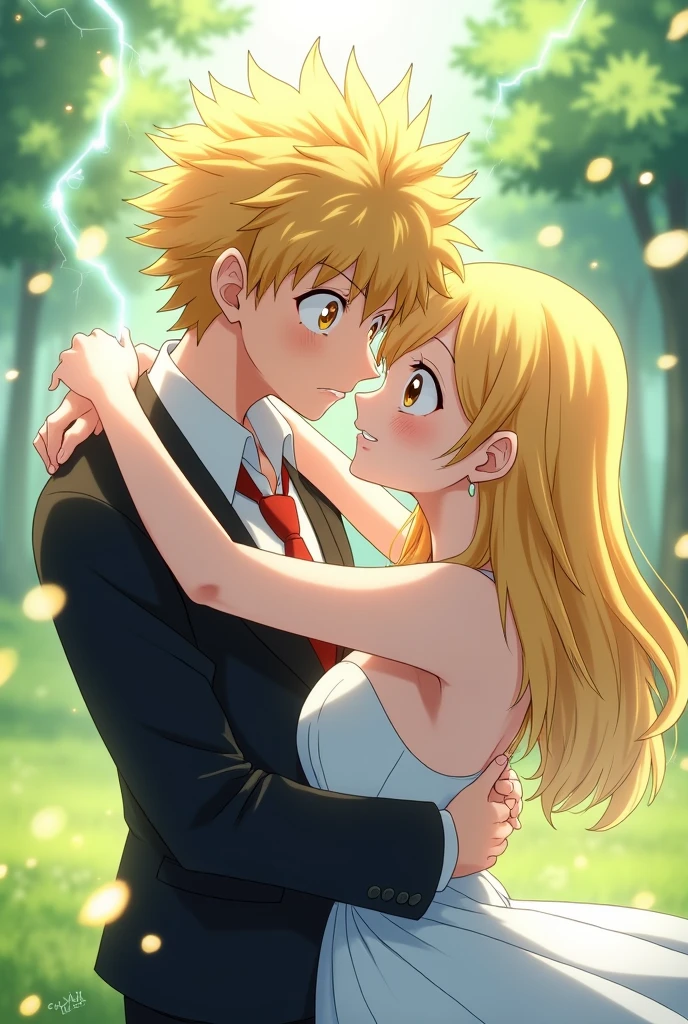 Denki Kaminari from Boku no hero academia and Lucy Heartfilia from fairytail Hugged in love