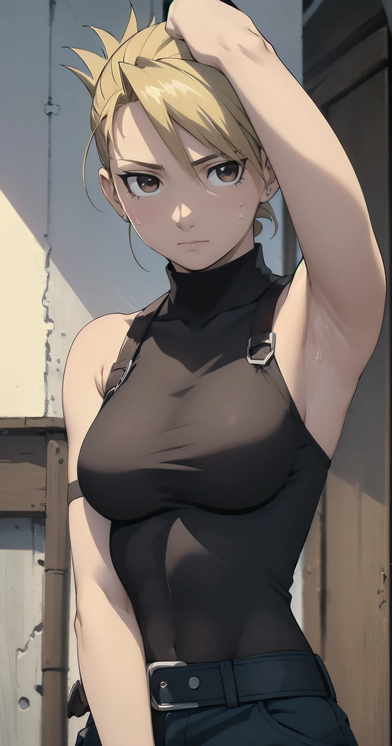 masterpiece, highest quality, High resolution, One Girl, Hamriz, ponytail, Brown eyes,big , Black Shirt, Tight shirt, holster, Short sleeve, belt, Covered navel, Blue pants,indoor、Upper body close-up、Muscular body、blush、Sweat、Composition from the front、anime、(((Close-up of a person、Raise your arms、Both armpits exposed、Sweat、Look forward)))