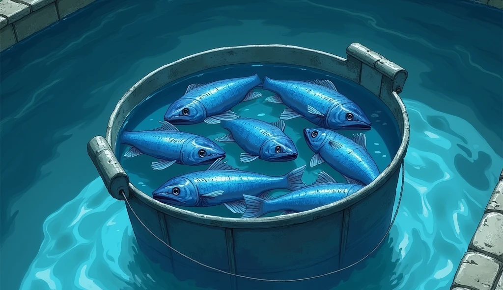 There are 10 dead fish in the bucket、Location: Pool、An illustration、The fish is blue