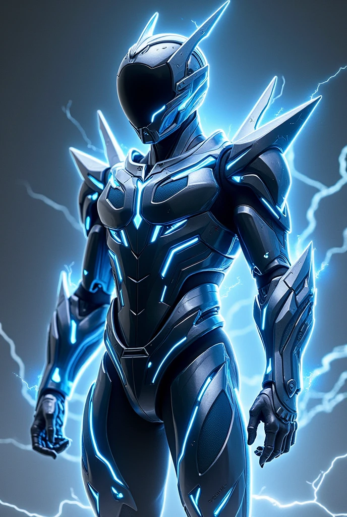 Design a modern, streamlined Kamen Rider suit inspired by electrical energy and lightning. Armor is stylized, emphasizing sharp lines and glowing details. Primary colors: black, silver, electric blue