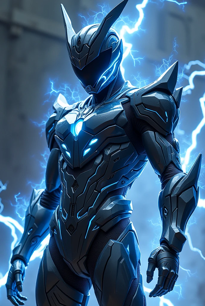 Design a modern, streamlined Kamen Rider suit inspired by electrical energy and lightning. Armor is stylized, emphasizing sharp lines and glowing details. Primary colors: black, silver, electric blue