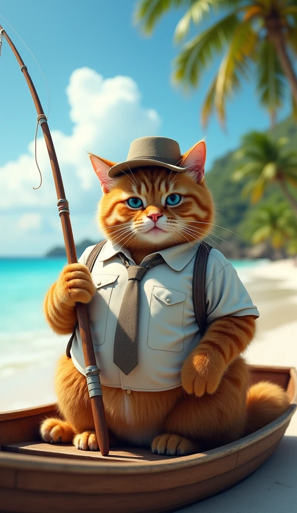 Make a picture of a fat obese orange cat, blue eyes, wear cool clothes and a tie, fishing on a boat, facing the camera, with a beautiful beach background, full body, wide, super realistic 8k images