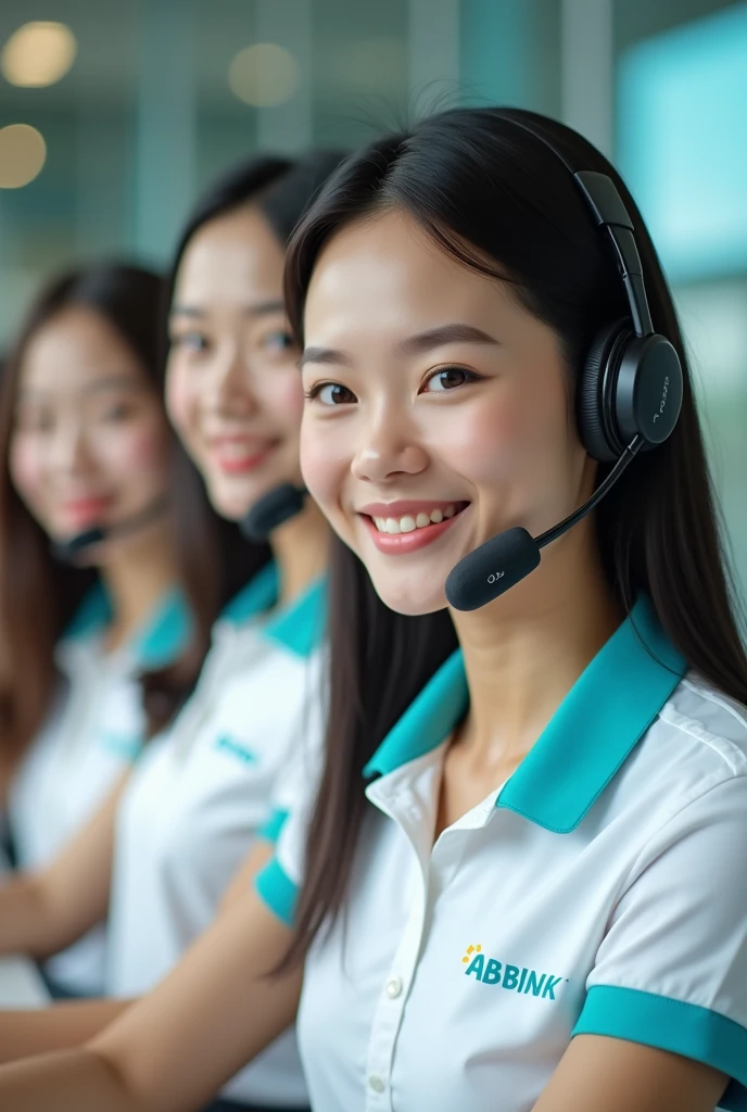 Four beautiful young asia girls with double eyelids are calling customers with softphones. They are wearing white polo shirts with a little bit of turquoise and a small amount of orange. On their chests, they only have the word ABBANK written in capital turquoise without any logo.
