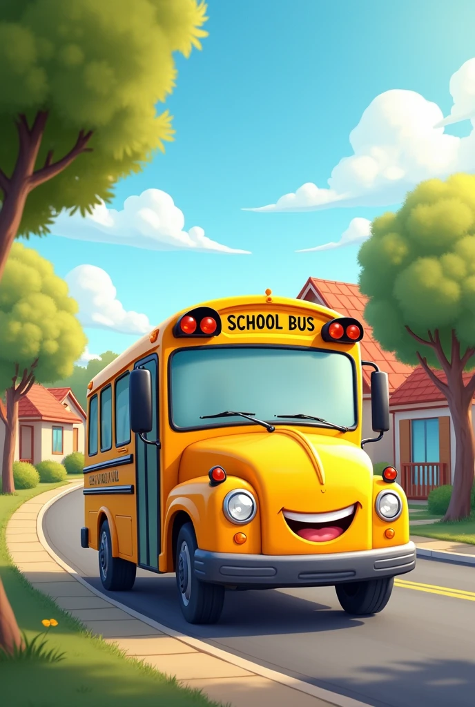 cartoon school bus with a smiling face going along the neighborhood on a sunny day