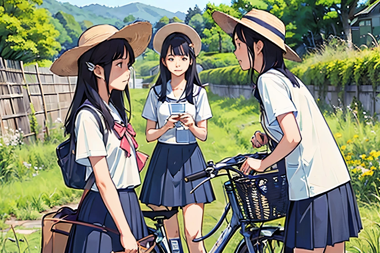 masterpiece, Highest quality,plural, Three Girls, (countrysideのローカル線の無人駅のホームで)、bicycle、Black Hair, short hair、Long Hair, Hair ties, hair band, hair ornaments, Straw hat、Shorts, skirt、dappled daylight、Outdoor, nature, wood々、 Grassland、countryside、Suburban、