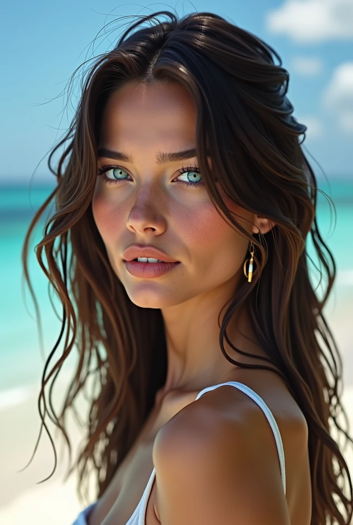 photo ultraréaliste d'une femme brune aux yeux bleus clairs sur une plage