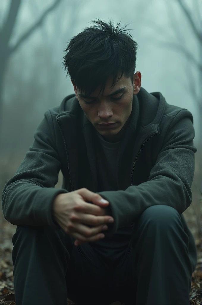 Create a very sad young man sitting