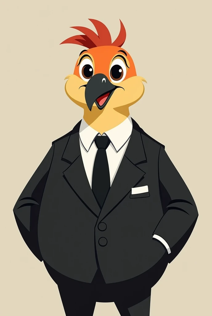 create a cartoon style bird in a black suit from the torso up