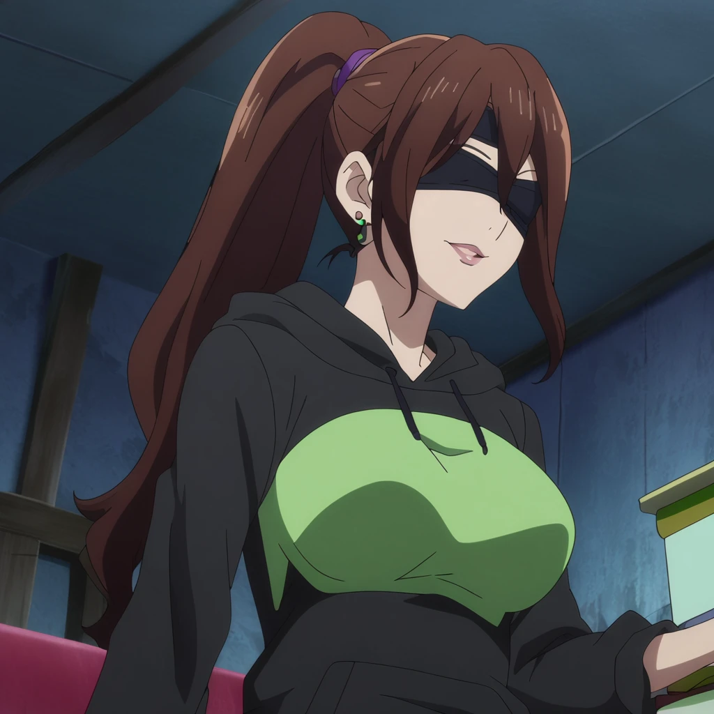 1girl, female ben 10, anime screencap from ben10 omniverse , ben 10 female version, solo, long_hair,((brown_hair, ponytail)), night view, (hanging breasts) upper_body, smile, indoors, book, lips, (long hair) ((wearing black colour hoodie )) breast, "very detailed and high resolution" (black blindfold) ((solo)) (((front view))) (earings) ((high resolution)) ((good quality)) ((silky hair, ponytail))