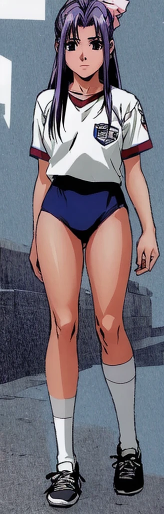 Momoko Koigakubo, with her beautiful legs, stands in a white gym uniform and light navy blue bloomers that look like panties.。