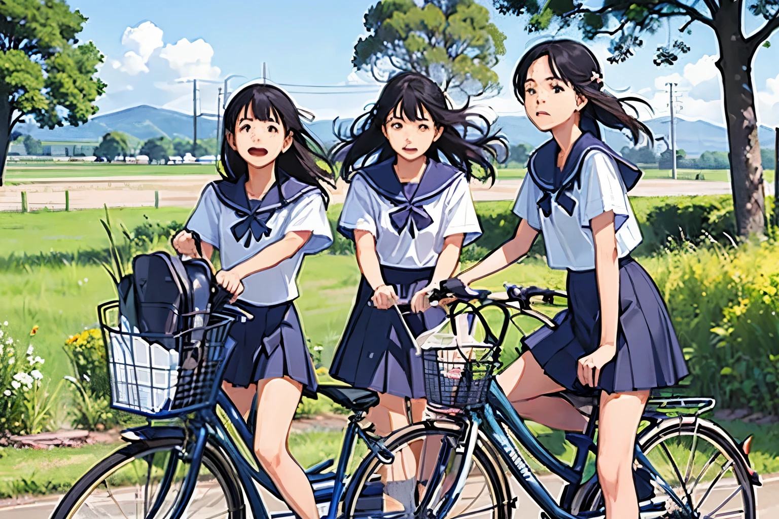 masterpiece, Highest quality,plural, Three Girls, (countrysideのローカル線の無人駅のホームで)、bicycle、Black Hair, short hair、Long Hair, Hair ties, hair band, hair ornaments, Straw hat、Shorts, skirt、dappled daylight、Outdoor, nature, wood々、 Grassland、countryside、Suburban、