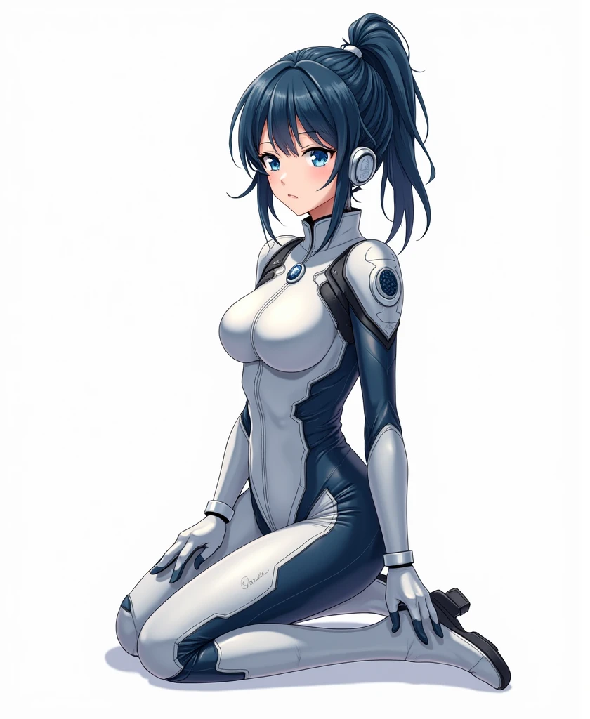 breasts, 1girl, black_hair, short_hair, blush, covered_navel, looking_at_viewer, covered_nipples, sitting, bodysuit, joints, medium_breasts, breast_sucking, skin_tight, blue_eyes, indoors, window, shiny, bangs, robot, parted_lips, curtains