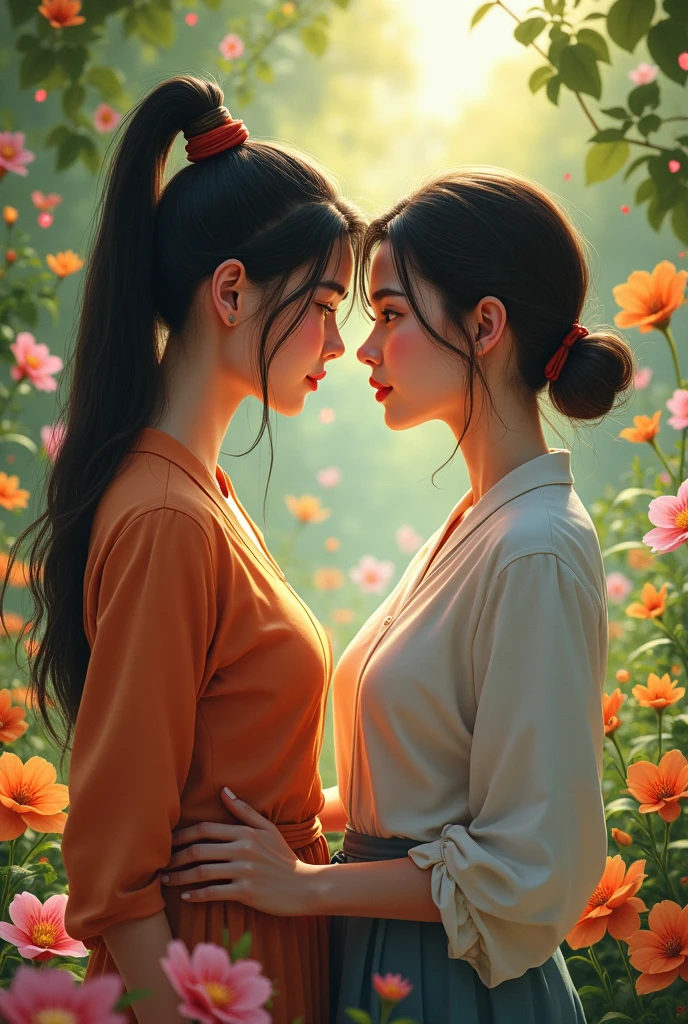 1; The Councilor's hair was tied up high, while hers was in a ponytail., and pretty roof For the style to see her arrogant but only loving look to her,
She is innocent and cheerful, but not without seriousness.
The scene is in the flower garden of Thuan Viet council house.