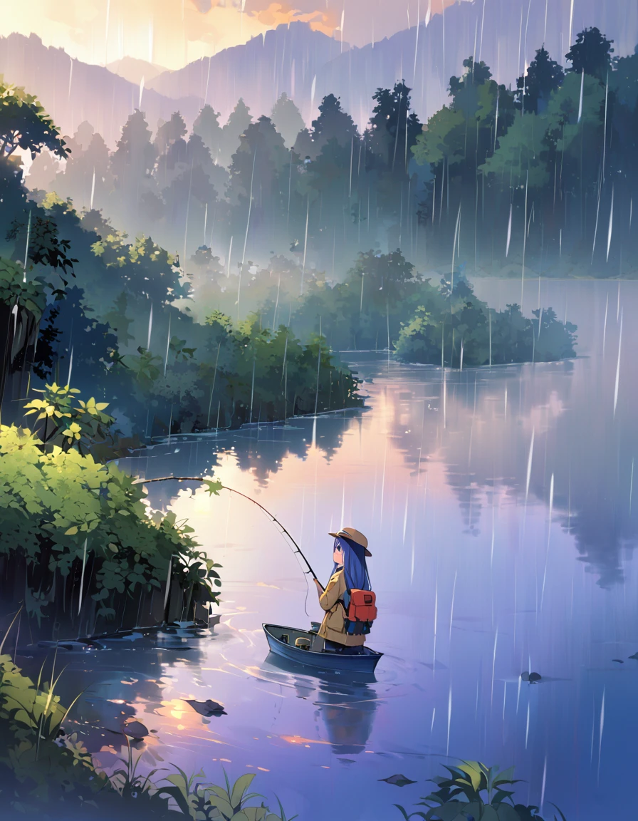 (fishing), (Rika Furude), Blue Hair, Purple eyes, Long Hair, blunt bangs, bangs, 1 person,  hat, Life jacket, Rain jacket, Early morning fog, Quiet river, fishing竿を握る手, Trees shrouded in mist々
