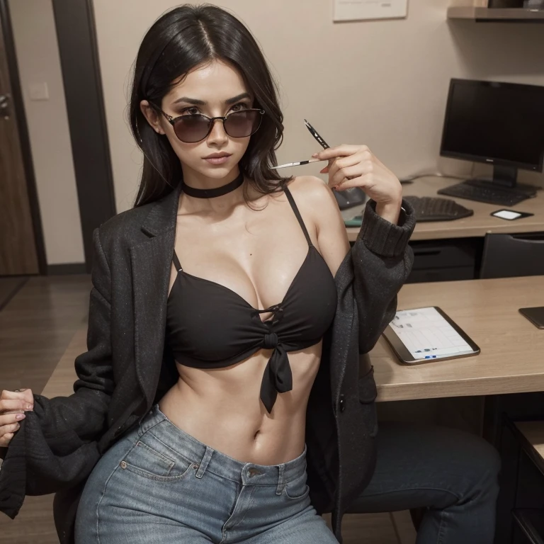 In a stylish and modern office environment, A slender Mexican woman with a natural and defined body poses for the camera. Her dark hair is tied up, and he wears dark glasses that give him a sophisticated air. Holds a tablet with confidence, while sensually biting a pencil.