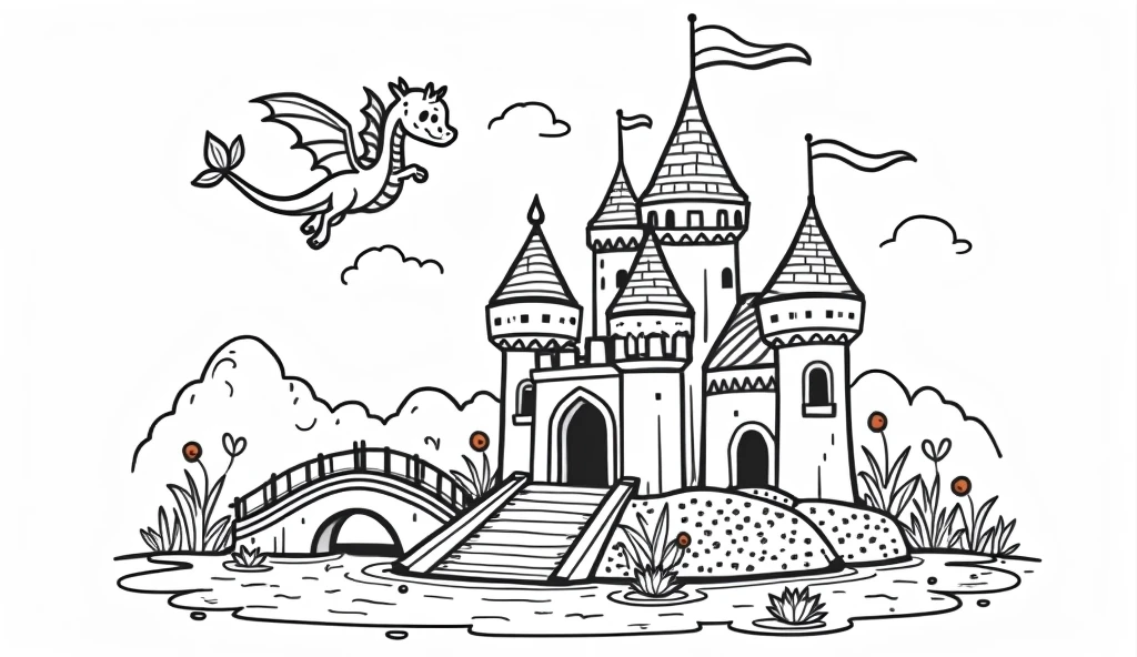 A delightful, child-friendly illustration with thick black lines on a white background. The main focus is a magical fairy tale castle, featuring tall towers with flags, a drawbridge, and a moat filled with water lilies. A friendly dragon is flying gracefully in the sky, and a smiling princess is waving from one of the windows. The simplicity of the lines and lack of shading and texture makes it an ideal coloring page for kids to bring their creativity to life, illustration