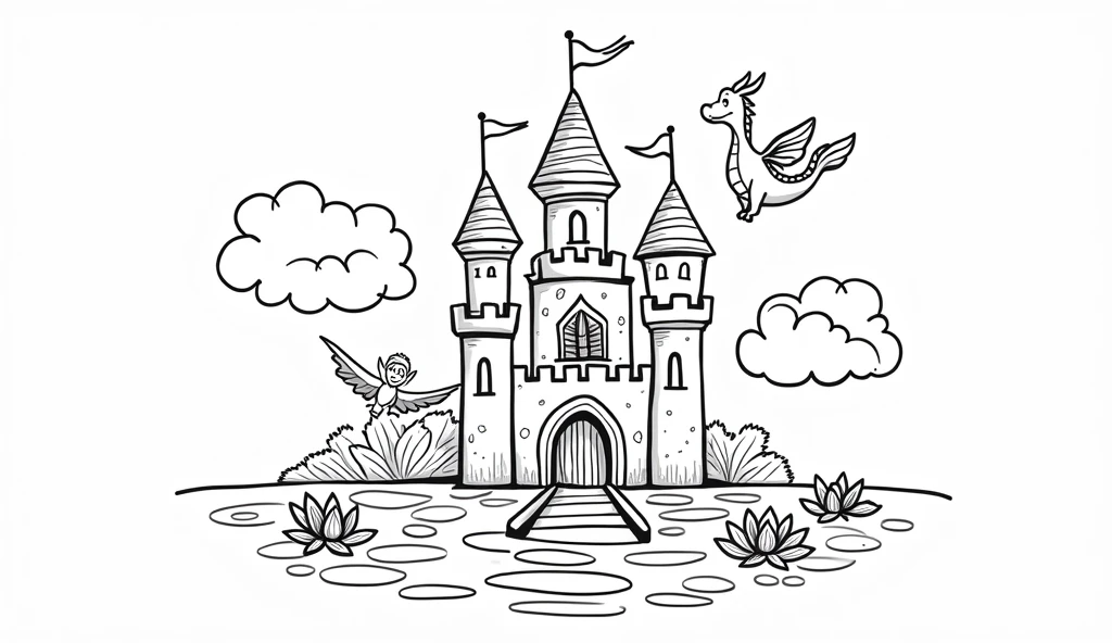 A delightful, -friendly illustration with thick black lines on a white background. The main focus is a magical fairy tale castle, featuring tall towers with flags, a drawbridge, and a moat filled with water lilies. A friendly dragon is flying gracefully in the sky, and a smiling princess is waving from one of the windows. The simplicity of the lines and lack of shading and texture makes it an ideal coloring page for kids to bring their creativity to life, illustration