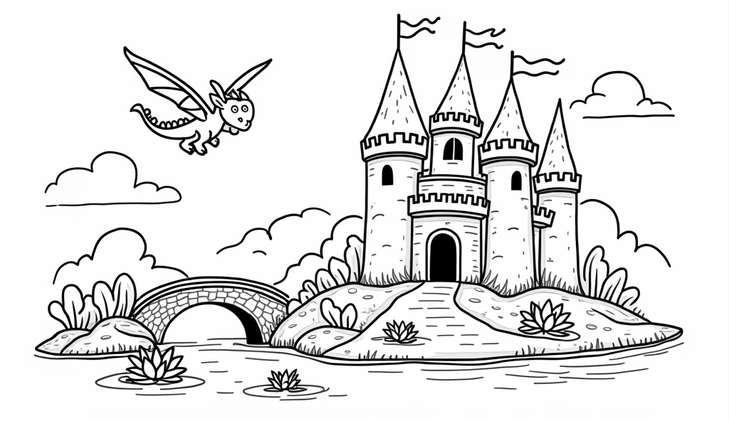 A delightful, child-friendly illustration with thick black lines on a white background. The main focus is a magical fairy tale castle, featuring tall towers with flags, a drawbridge, and a moat filled with water lilies. A friendly dragon is flying gracefully in the sky, and a smiling princess is waving from one of the windows. The simplicity of the lines and lack of shading and texture makes it an ideal coloring page for kids to bring their creativity to life, illustration