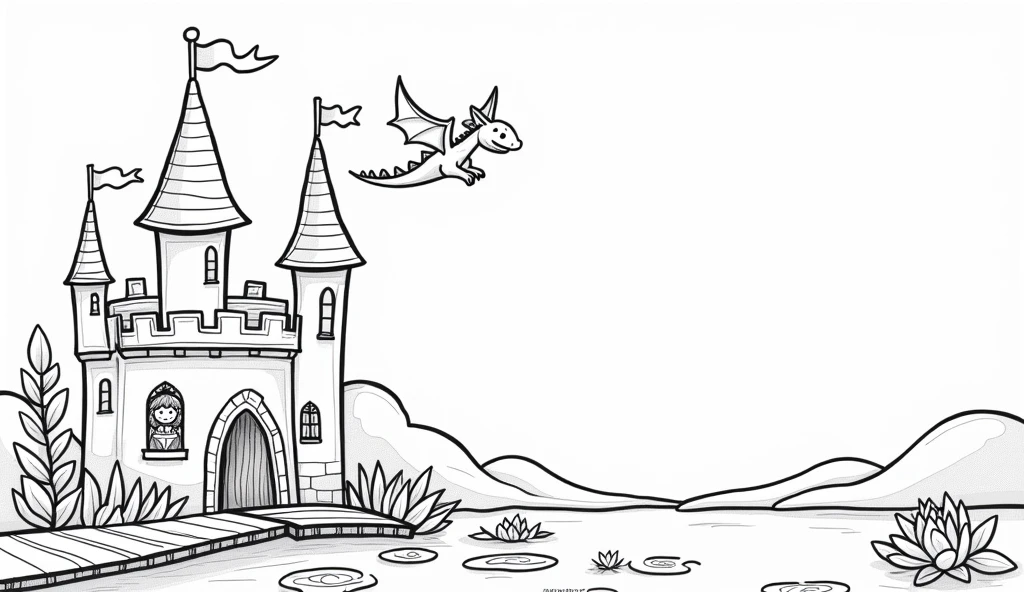 A delightful, -friendly illustration with thick black lines on a white background. The main focus is a magical fairy tale castle, featuring tall towers with flags, a drawbridge, and a moat filled with water lilies. A friendly dragon is flying gracefully in the sky, and a smiling princess is waving from one of the windows. The simplicity of the lines and lack of shading and texture makes it an ideal coloring page for kids to bring their creativity to life, illustration