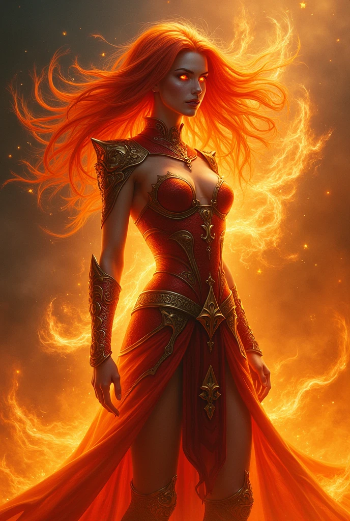 Woman with flaming hair, orange eyes , fire-colored armor , slim body, fire magic.