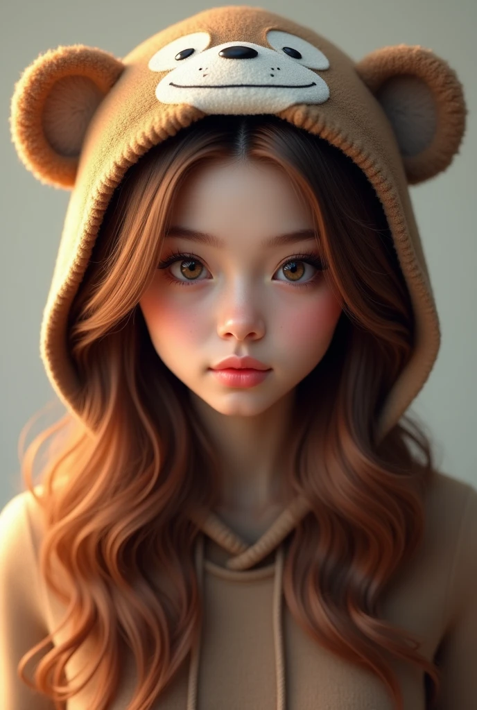 a beautiful woman with brown hair and wearing a monkey hoodie  hat 3d render
