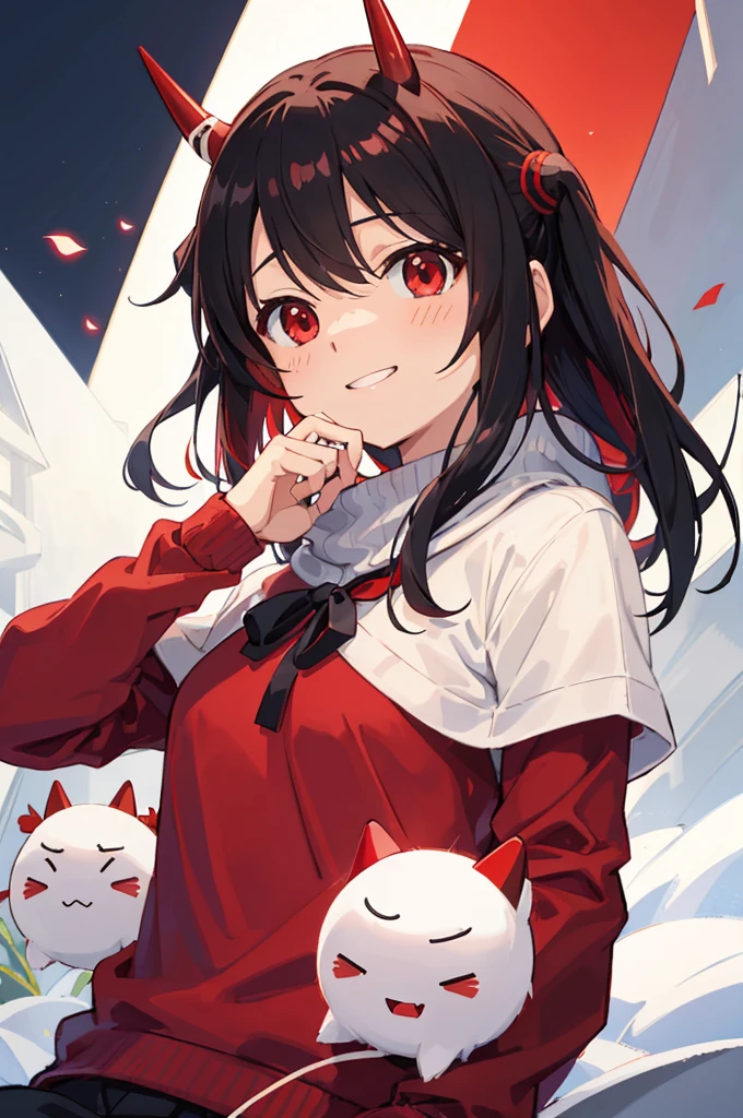 Ai Hoshino with small red horns, Eyes red, with red sweater，Open your mouth to smile，raise your hand，Excited expression，external，halfbody，Soft light and shadow，The face is delicate，'s，The cutie&#39;s big breasts，comely