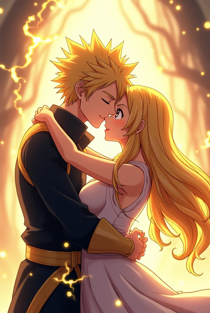 Denki Kaminari Chargebolt from Boku no hero academia and Lucy Heartfilia from fairytail Hugged in love 