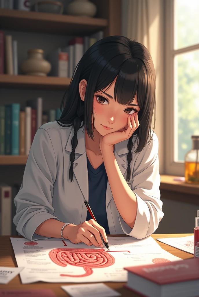 A young Japanese woman is studying the digestive system.