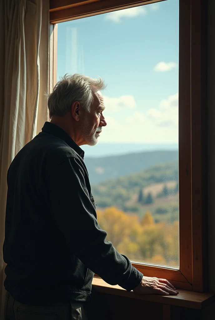 A man looking throughout the window and looking at the bottom