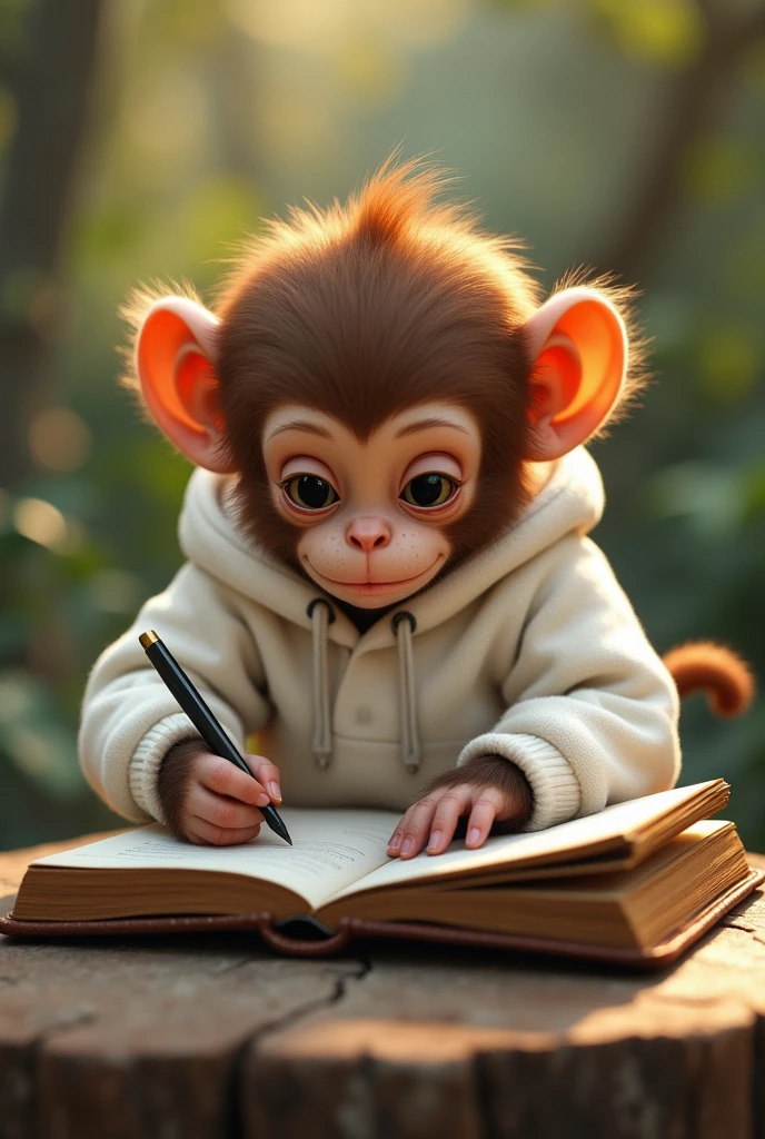 little monkey with a white sweatshirt writing in a notebook
