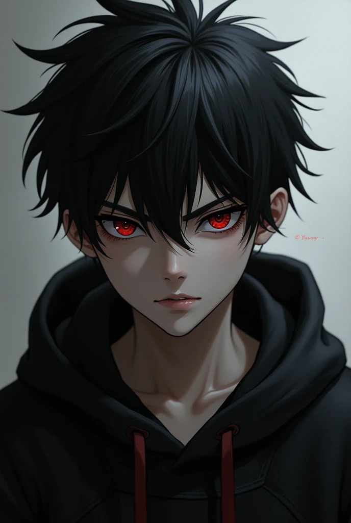 boy , Spiky hair , black hair , black hoodie , blood red eyes , narrowed eye 
 