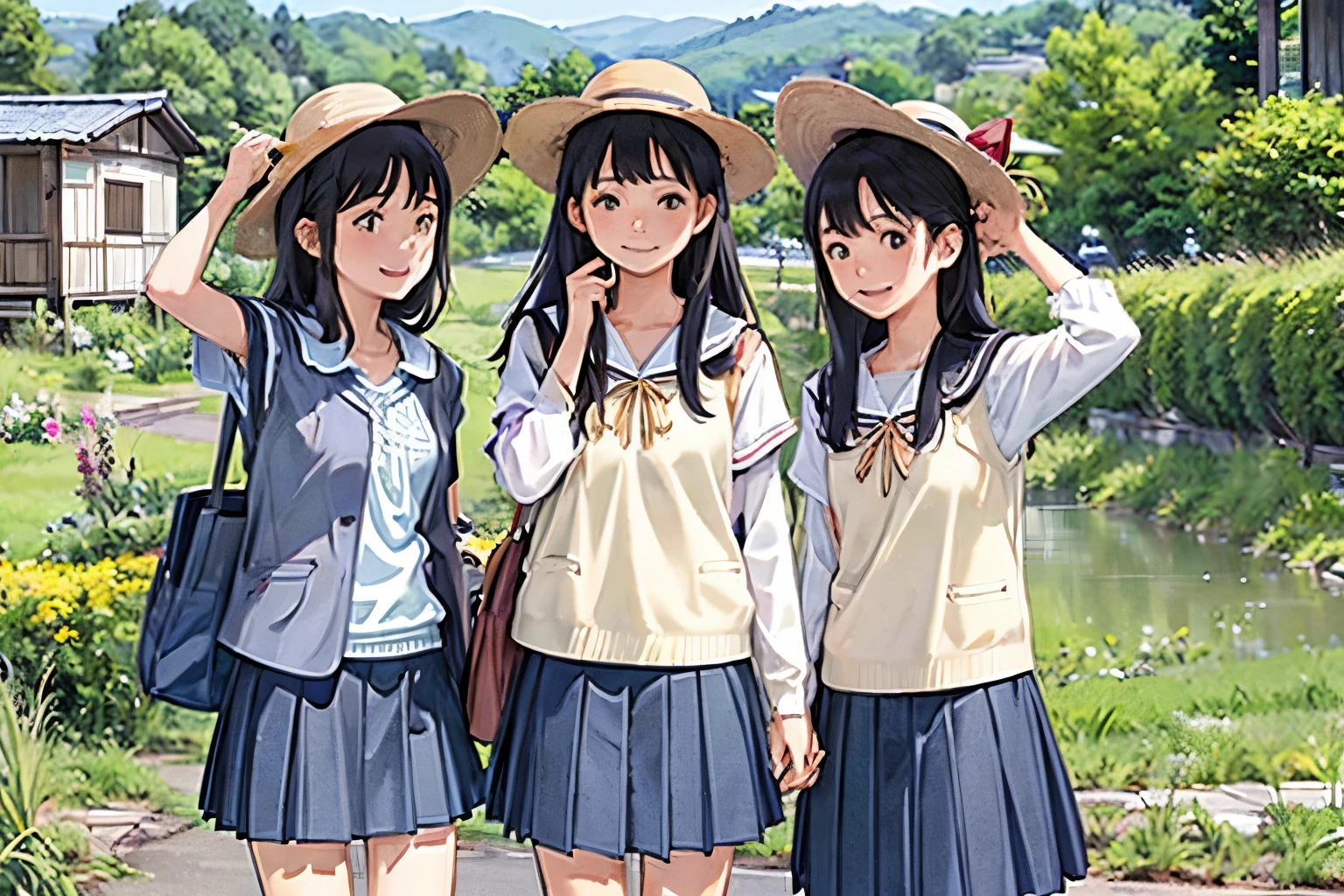 masterpiece, Highest quality,plural, Three Girls, (countrysideのローカル線の無人駅のホームで)、bicycle、Black Hair, short hair、Long Hair, Hair ties, hair band, hair ornaments, Straw hat、Shorts, skirt、dappled daylight、Outdoor, nature, wood々、 Grassland、countryside、Suburban、