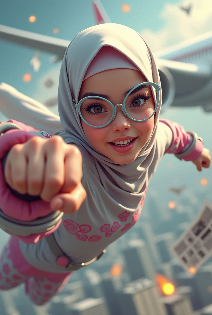Malaysia women a realistic masterpiece. Human .wear pint watch.. 1girl wearing a hijab, detailed beautiful face, Hijab Muslim. Wear long sleeve moder design pink white pink stripe white. anger face, minimalist flower on shirt. Enger face. Open mouth. Glowing power pink. . Wear pink white.small Safety Pink yellow glasses google spectacle top of the head rubber band. Age 15 year old. Flying position. Fast fly. Panning effect Photography . Jump on and have a super strong power.. punch flying beside big aeroplane . Fight pose. Bokeh background. fist front.. At the city. Bad waether. , detailed lips, long eyelashes. Hero, modest expression, delicate facial features, natural skin tones, , detailed folds and textures of hijab, natural lighting, high quality, photorealistic, 8k, best quality. Malaysia girl. Floating newspaper). Running effect. Glowing yellow power. Runfast effect. Wear blue big glasses big frame. Braces teeth. Boleh background. Panning effect.pink high tech watch. flying high on sky.