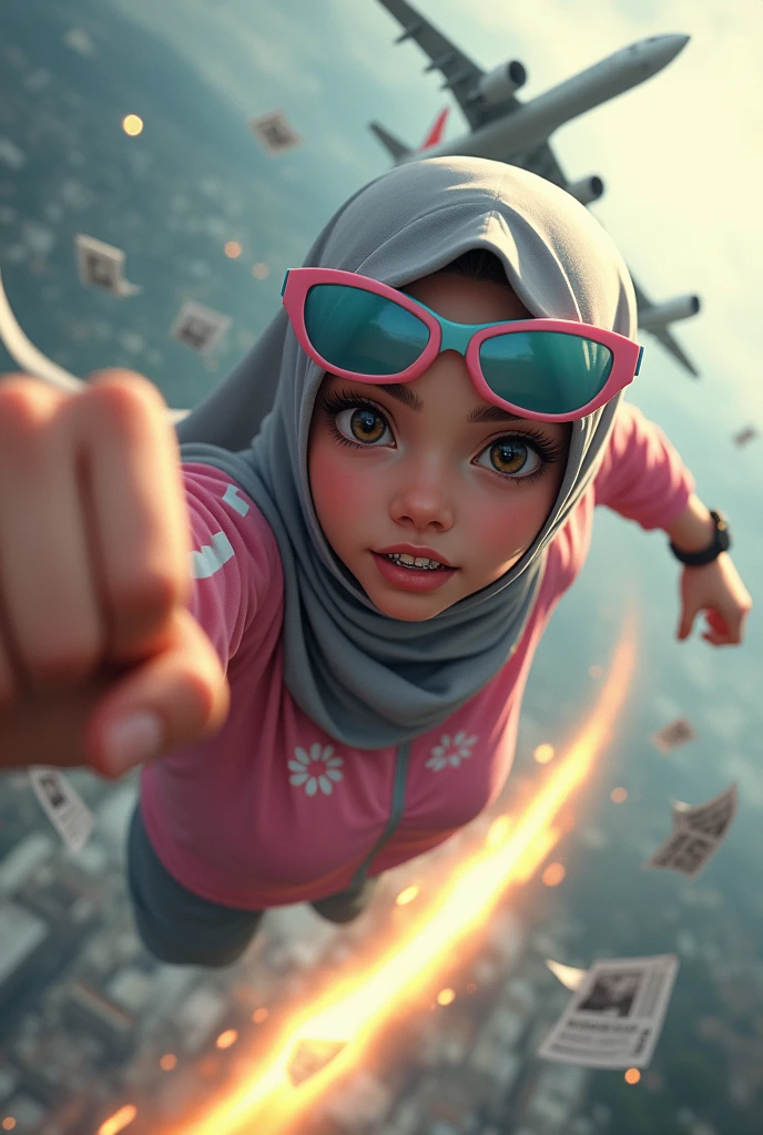 Malaysia women a realistic masterpiece. Human .wear pint watch.. 1girl wearing a hijab, detailed beautiful face, Hijab Muslim. Wear long sleeve moder design pink white pink stripe white. anger face, minimalist flower on shirt. Enger face. Open mouth. Glowing power pink. . Wear pink white.small Safety Pink yellow glasses google spectacle top of the head rubber band. Age 15 year old. Flying position. Fast fly. Panning effect Photography . Jump on and have a super strong power.. punch flying beside big aeroplane . Fight pose. Bokeh background. fist front.. At the city. Bad waether. , detailed lips, long eyelashes. Hero, modest expression, delicate facial features, natural skin tones, , detailed folds and textures of hijab, natural lighting, high quality, photorealistic, 8k, best quality. Malaysia girl. Floating newspaper). Running effect. Glowing yellow power. Runfast effect. Wear blue big glasses big frame. Braces teeth. Boleh background. Panning effect.pink high tech watch. flying high on sky.