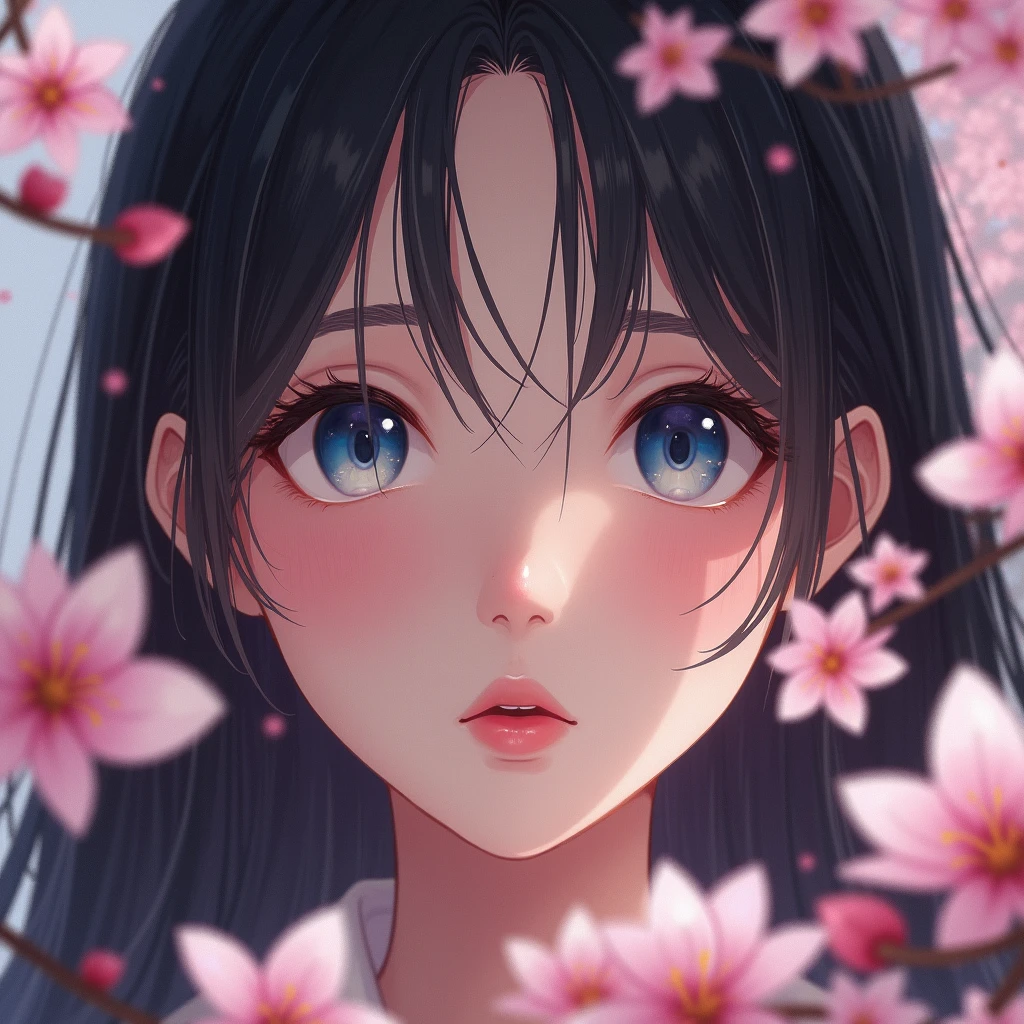 a captivating close-up of a young woman's face partially obscured by delicate cherry blossom branches. She has long, dark hair that frames her features, enhancing the softness of her expression. Her large, expressive eyes are a striking shade of blue, contrasting beautifully with the pink blossoms surrounding her. The petals are rendered in soft, painterly strokes, creating a dreamy atmosphere that evokes feelings of spring and renewal. The background is subtly blurred, allowing the blossoms and her eyes to draw the viewer's attention. The overall composition conveys a sense of tranquility and intimacy, capturing the fleeting beauty of nature and the gentle allure of the subject.