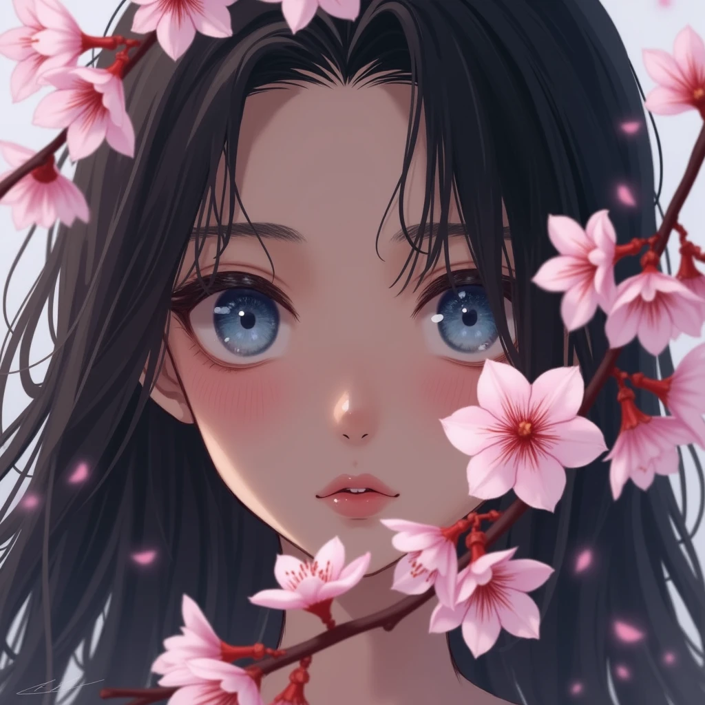 a captivating close-up of a young woman's face partially obscured by delicate cherry blossom branches. She has long, dark hair that frames her features, enhancing the softness of her expression. Her large, expressive eyes are a striking shade of blue, contrasting beautifully with the pink blossoms surrounding her. The petals are rendered in soft, painterly strokes, creating a dreamy atmosphere that evokes feelings of spring and renewal. The background is subtly blurred, allowing the blossoms and her eyes to draw the viewer's attention. The overall composition conveys a sense of tranquility and intimacy, capturing the fleeting beauty of nature and the gentle allure of the subject.
