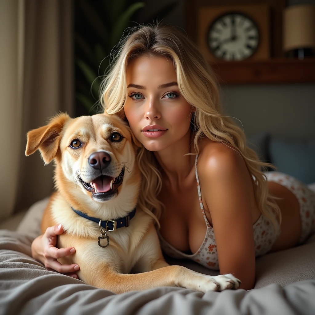Beautiful and sexy nlonde woman with her dog in her house 