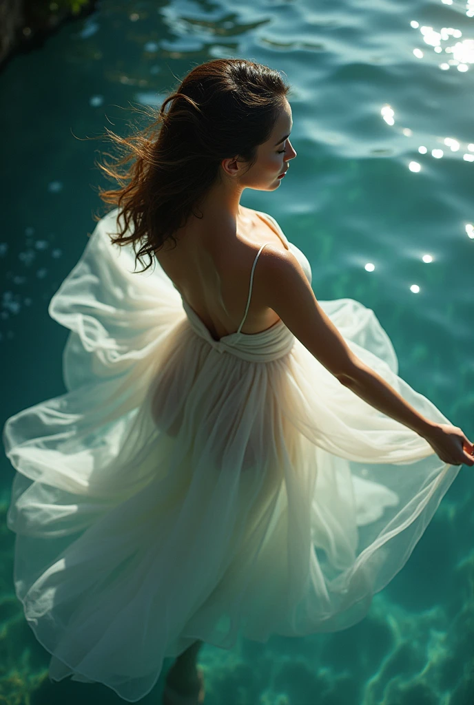 A perfect shot of a woman wearing a long dress, in the water, Perfect face, perfect hands, ultra-realistic, style of perfection, epic, realistic, cinemascope, no nudity, see-through clothing,((Ballet Pose:1.5)), Big hips, big breasts, thick thighs, long legs, from above:1.8