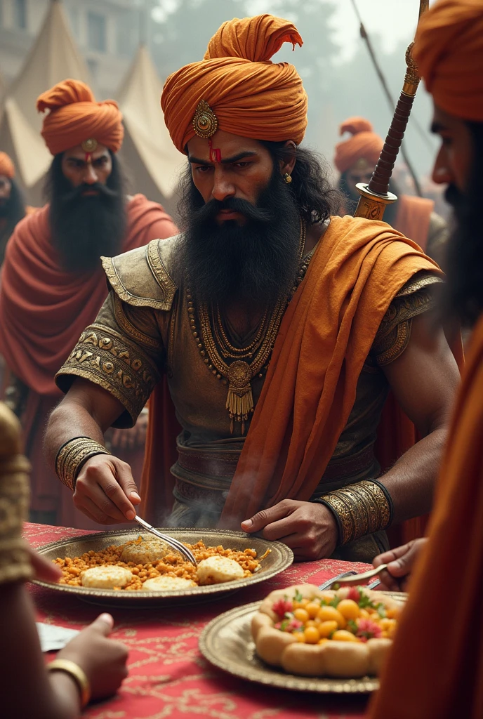 A rajput warrior eating food with other rajput warrior , other warrior mix poisan in food