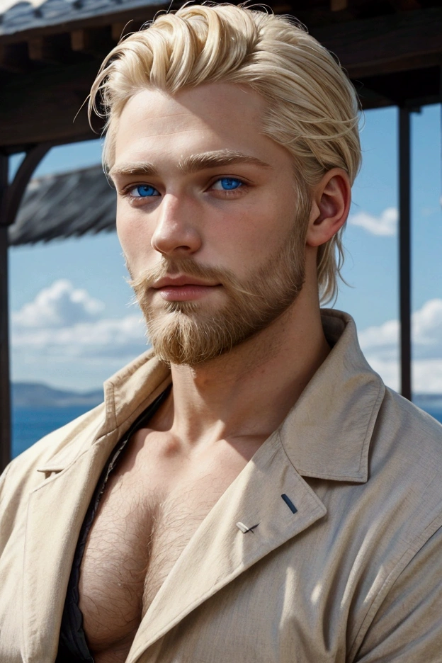 hot European man with blonde hair and beard, blue eyes, Nordic