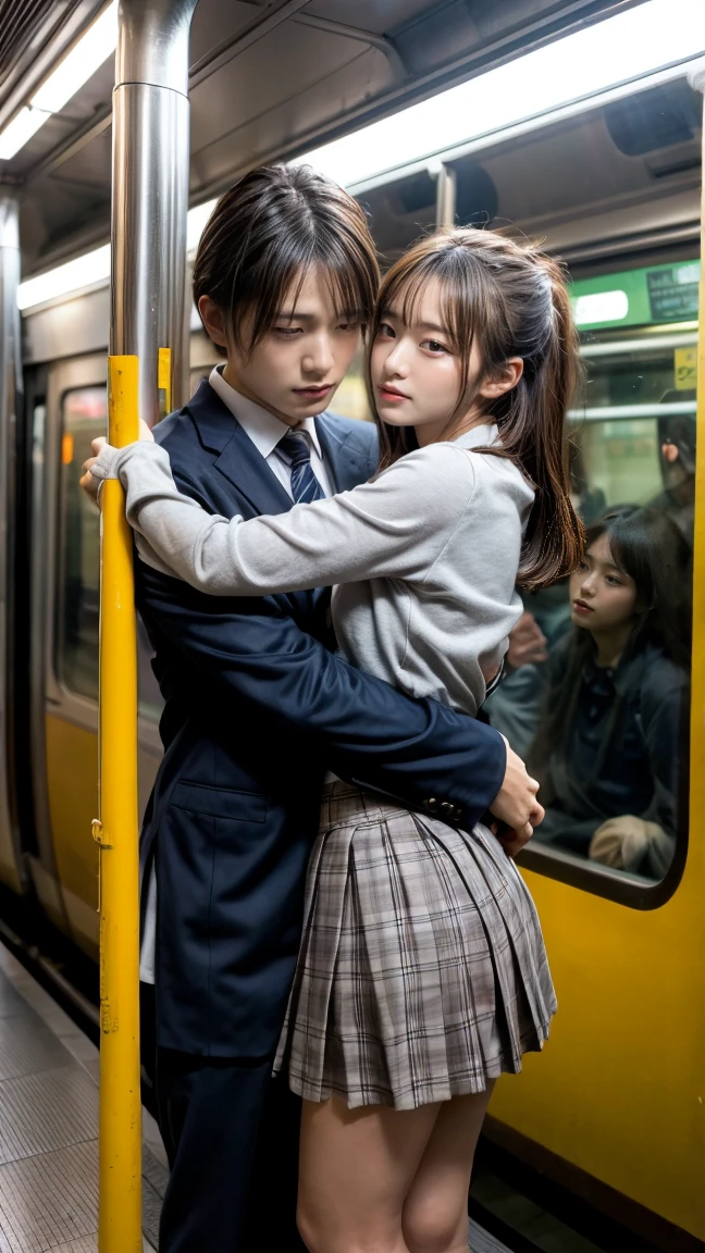 Browsing Caution, Crowded train, Japan , Handsome man hugging his girlfriend from behind, Talk in her ear, Lift her up, Miniskirt twisted up, 40k, photograph, masterpiece, Highest quality, Dark Gray Background, ((Japan girls' high school uniform)), A man is leaning on her from behind、i held you up, Mr..々Strike a Pose.