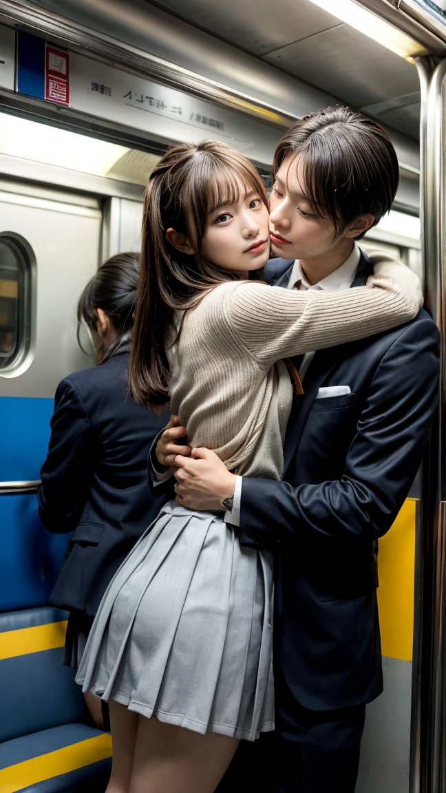 Browsing Caution, Crowded train, Japan , Handsome man hugging his girlfriend from behind, Talk in her ear, Lift her up, Miniskirt twisted up, 40k, photograph, masterpiece, Highest quality, Dark Gray Background, ((Japan girls' high school uniform)), A man is leaning on her from behind、i held you up, Mr..々Strike a Pose.