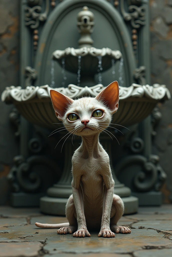 a skinny cat in front of a water fountain looking sad and sick
